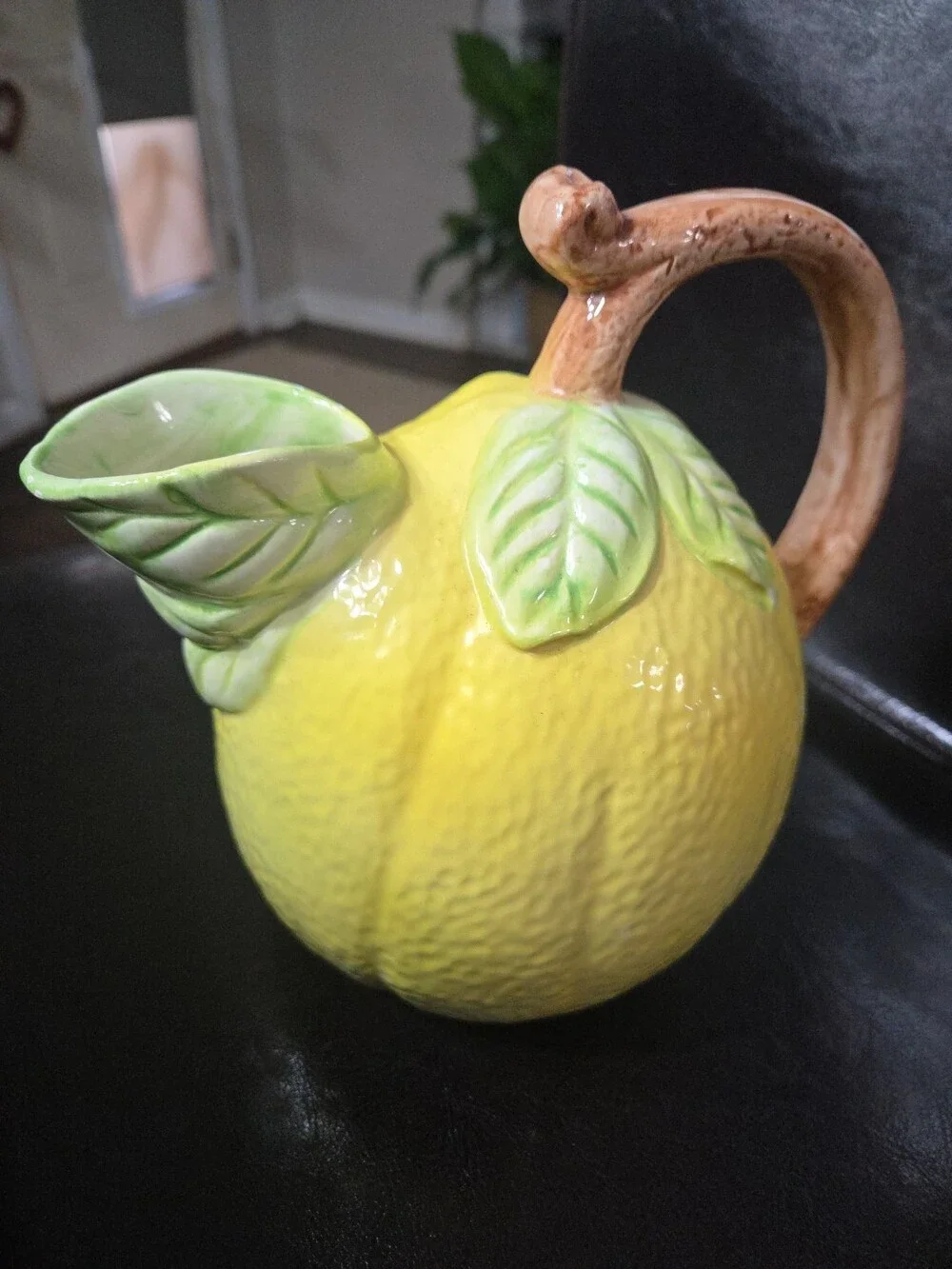 American Vintage Ceramic Lemon Pitcher Hand Painted Yellow Leaf Handle - Used